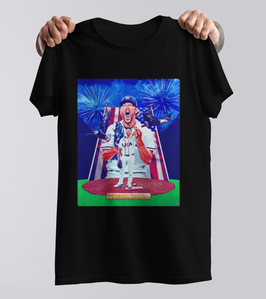 Clayton Kershaw USA Baseball Patriotic Celebration With Eagles And Fireworks T-Shirt
