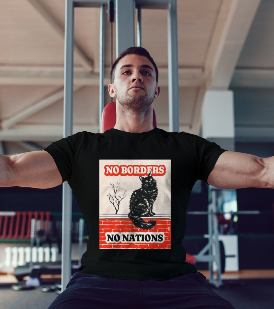 No Borders No Nations Cat Black Feline On Brick Wall T-Shirt