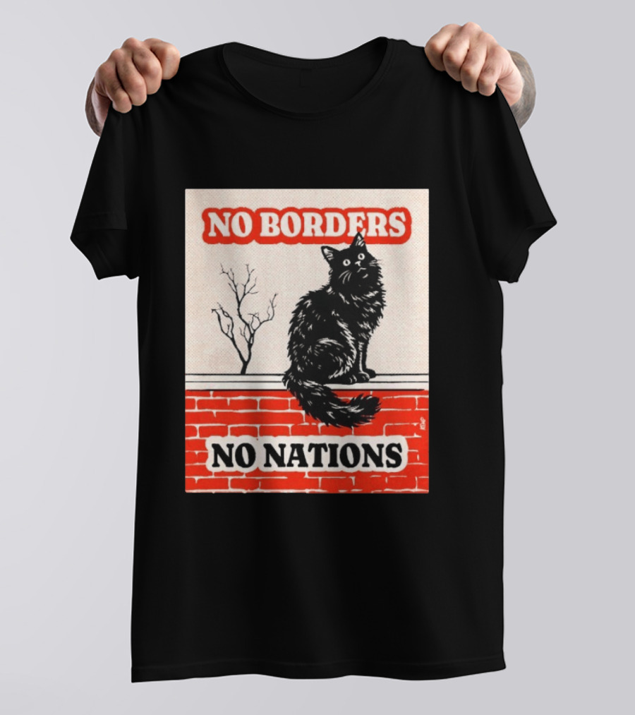 No Borders No Nations Cat Black Feline On Brick Wall T-Shirt