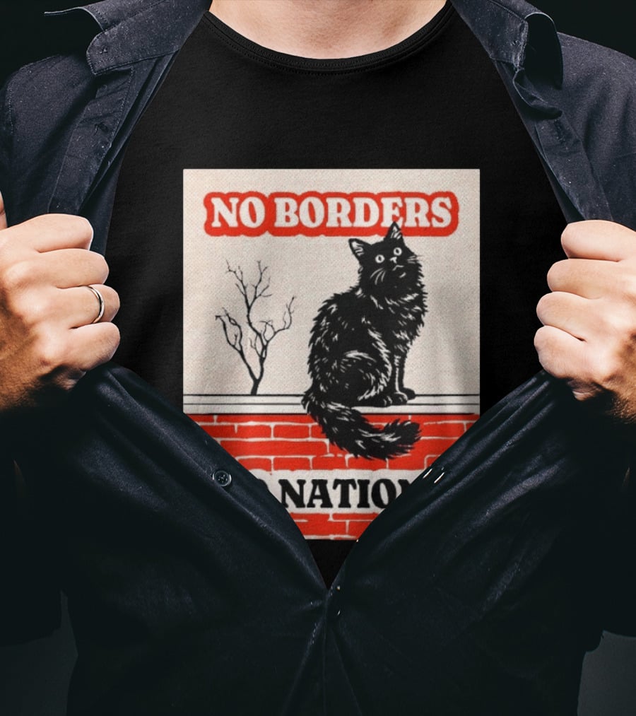 No Borders No Nations Cat Black Feline On Brick Wall T-Shirt