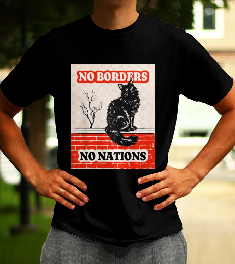 No Borders No Nations Cat Black Feline On Brick Wall T-Shirt