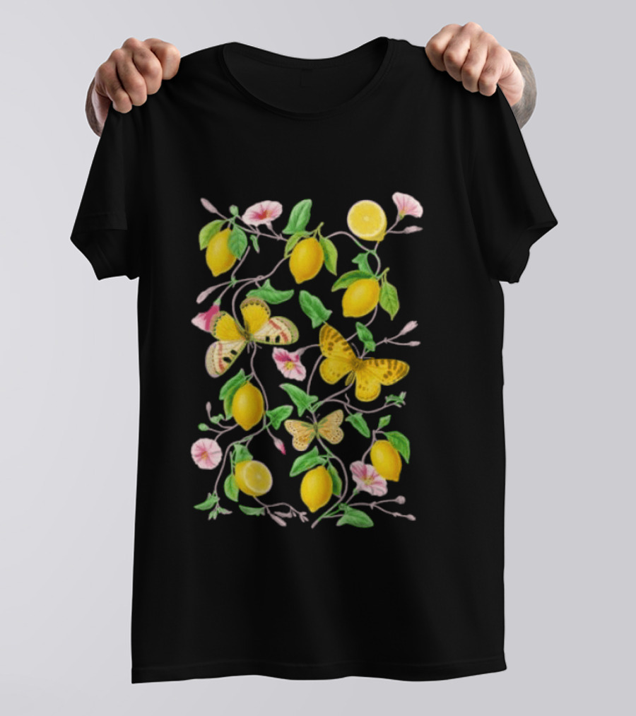 Botanical Lemon Butterfly Pink Flowers And Green Leaves T-Shirt