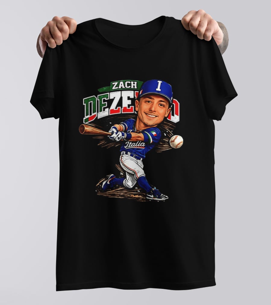 Zach Dezenzo Italia Baseball Classic Caricature Swinging Batter T-Shirt