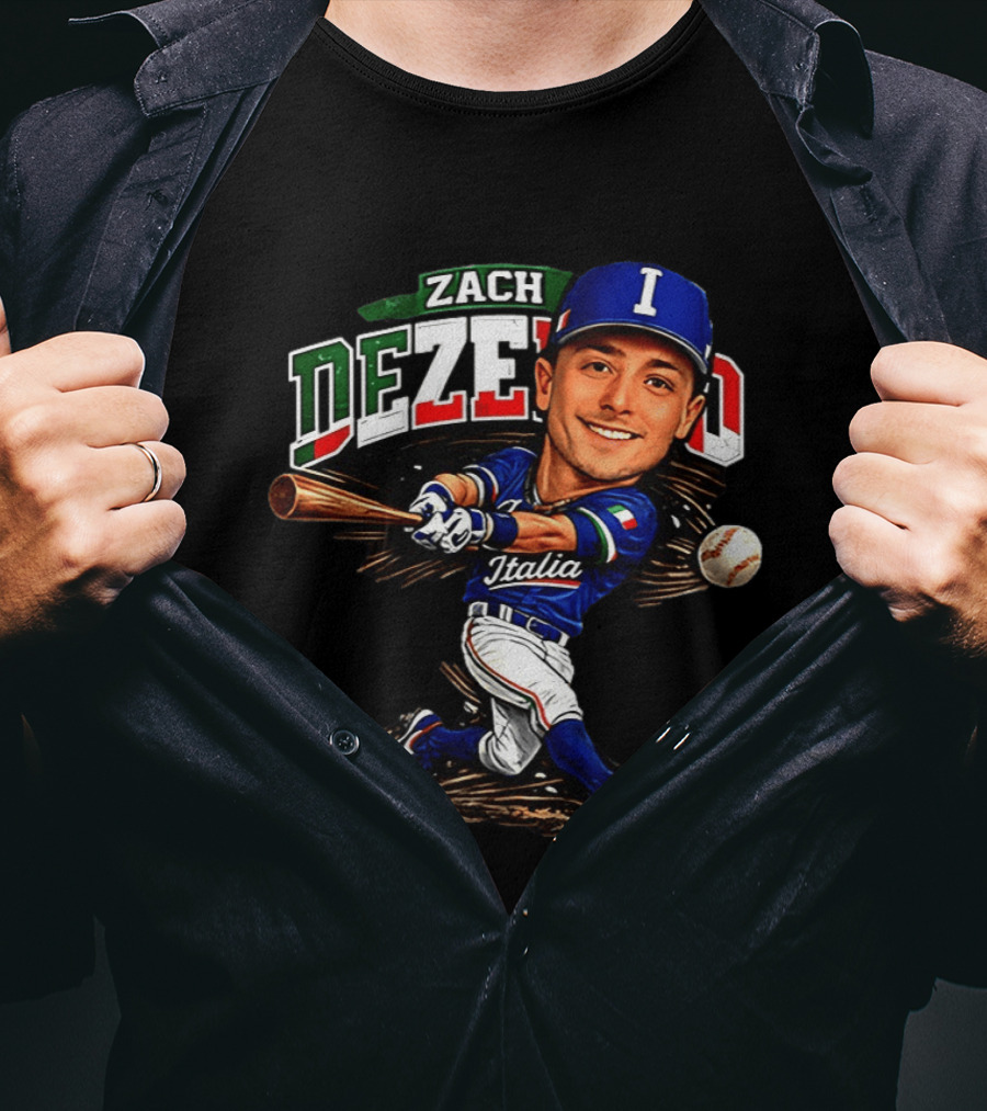 Zach Dezenzo Italia Baseball Classic Caricature Swinging Batter T-Shirt
