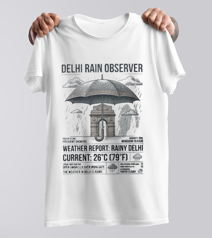 Delhi Rain Observer Current Weather Report Rainy 26°C (79°F) T-Shirt