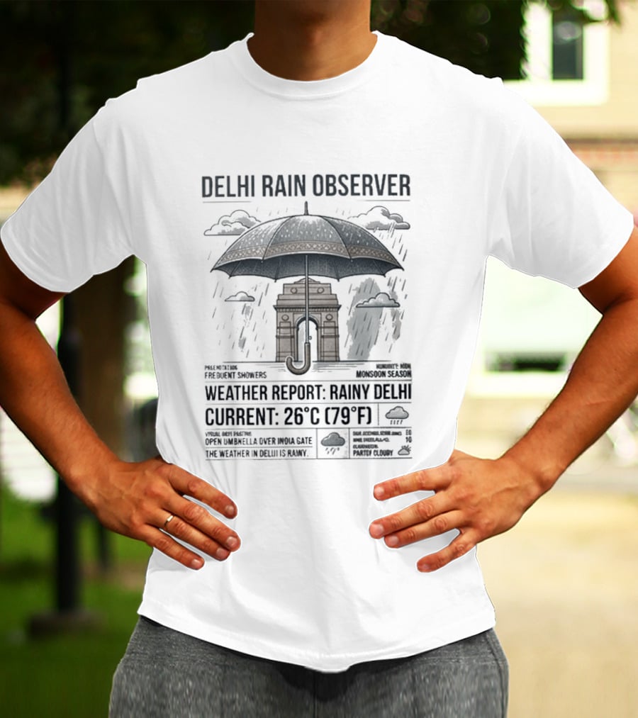Delhi Rain Observer Current Weather Report Rainy 26°C (79°F) T-Shirt