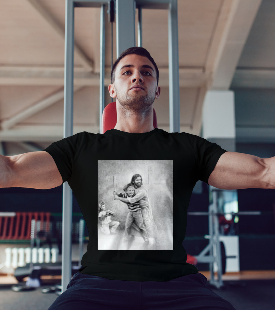 Jesus As A Coach With Children Playing Baseball In Front Of A Cross T-Shirt