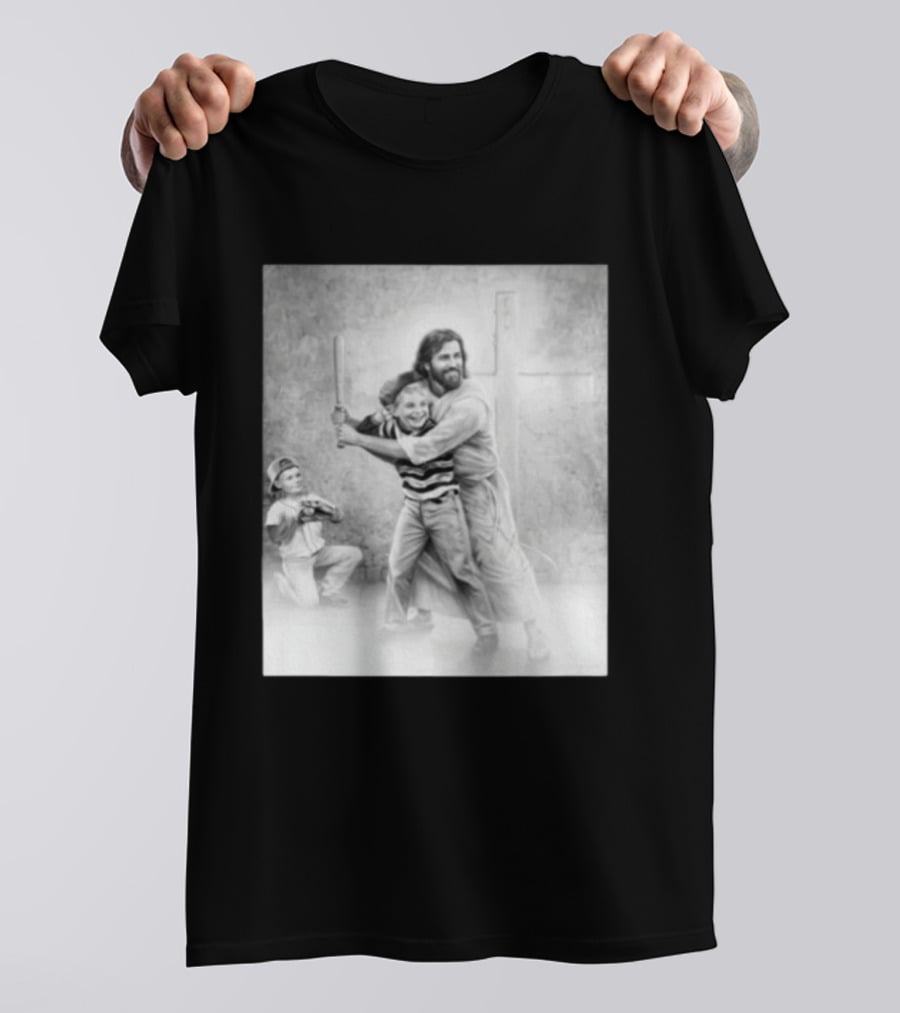 Jesus As A Coach With Children Playing Baseball In Front Of A Cross T-Shirt