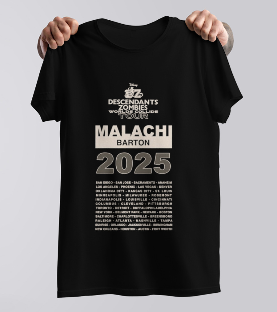 Descendants Zombies Worlds Collide Tour Malachi Barton 2025 City List T-Shirt