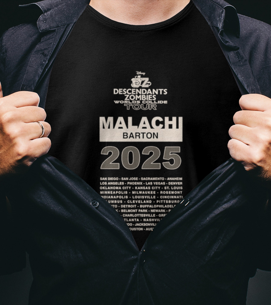 Descendants Zombies Worlds Collide Tour Malachi Barton 2025 City List T-Shirt