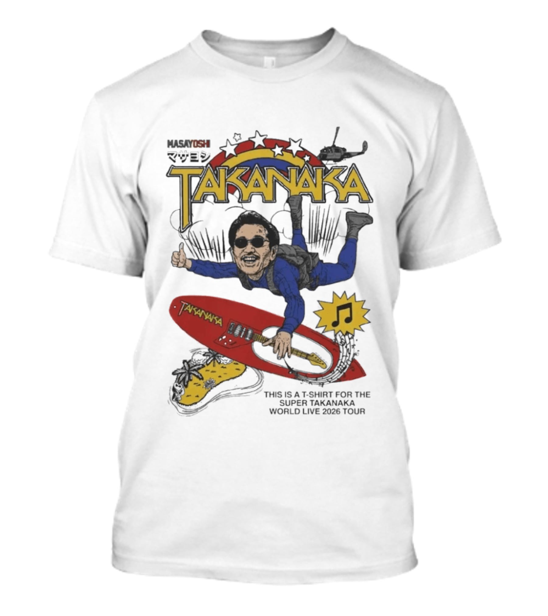 Masayoshi Takanaka Super World Live 2026 Tour Parody With Surfboard And Helicopter T-Shirt