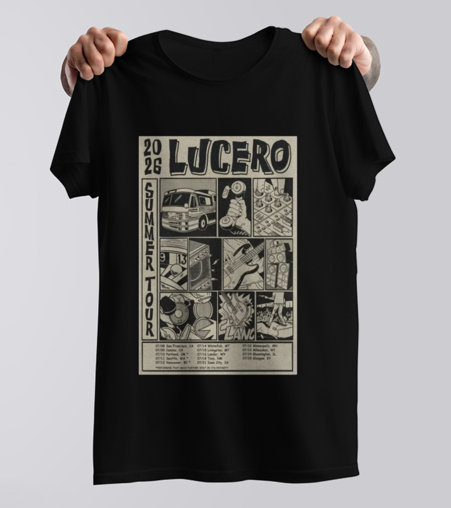 2026 Lucero Summer Tour Dates Featuring Vintage Comic Style With Iconic Band Imagery And Tour Stops T-Shirt