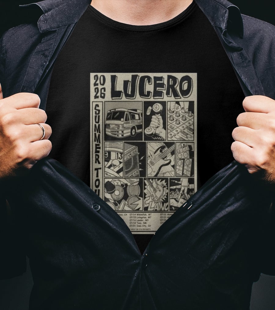2026 Lucero Summer Tour Dates Featuring Vintage Comic Style With Iconic Band Imagery And Tour Stops T-Shirt