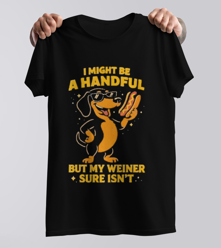 I Might Be A Handful But My Weiner Sure Isn't Hotdog Dog Wearing Glasses Holding Hotdog T-Shirt