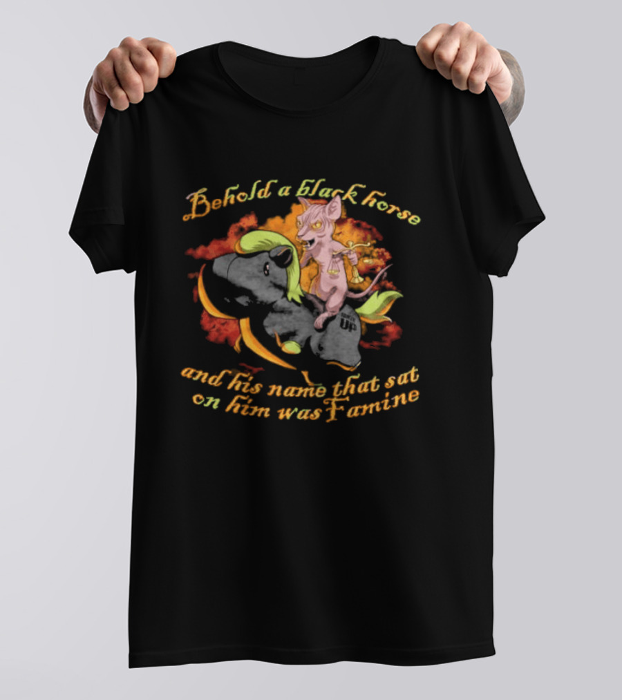 Behold A Black Horse And His Name That Sat On Him Was Famine Text With Cartoon Demon Rider T-Shirt