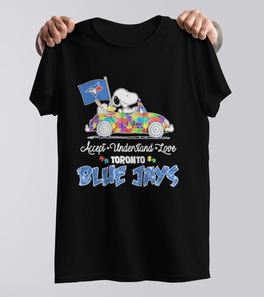 Snoopy Woodstock Driving Car Toronto Blue Jays Autism Awareness Accept Understand Love T-Shirt