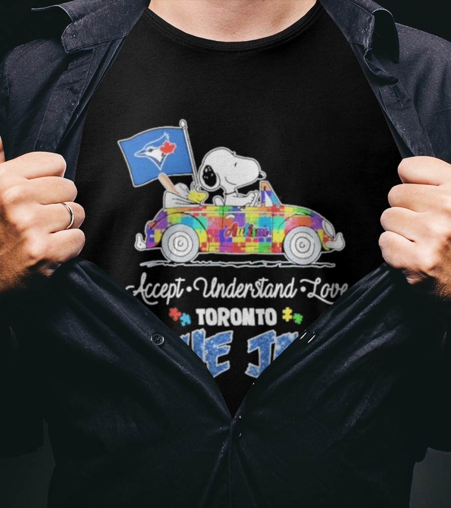 Snoopy Woodstock Driving Car Toronto Blue Jays Autism Awareness Accept Understand Love T-Shirt