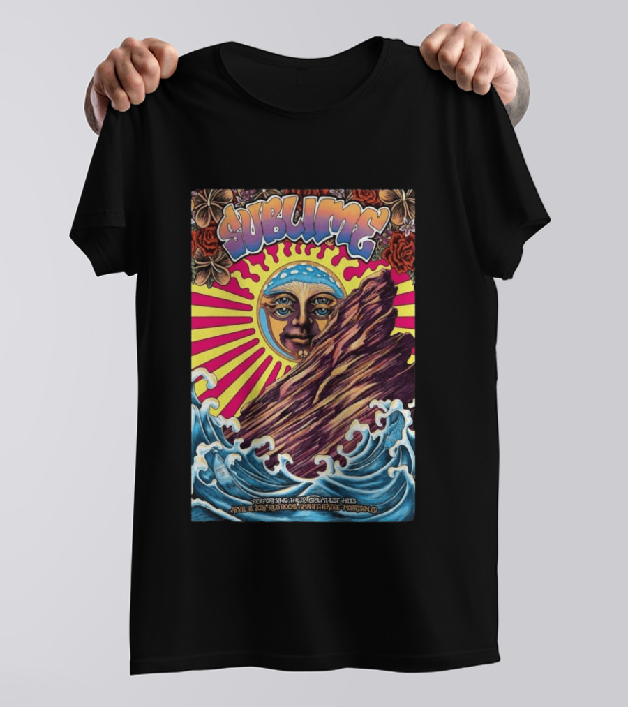 Sublime April 18 2026 Red Rocks Amphitheatre Morrison CO Performing Their Greatest Hits Sun Ocean Waves T-Shirt