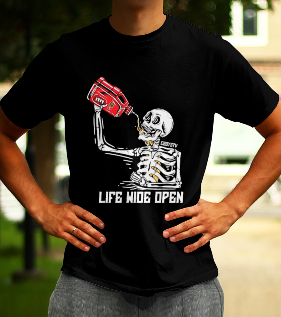 Cboystv Life Wide Open Skeleton Drinking Soul Fuel T-Shirt