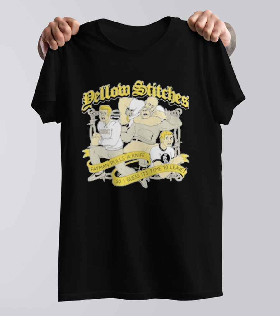 Yellow Stitches Friends Family Forever ROC Fatman Pulls A Knife T-Shirt