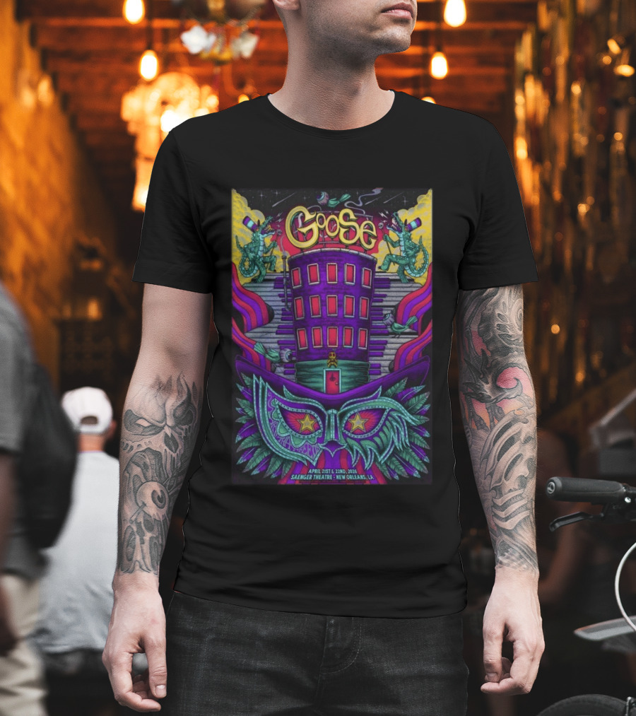 Goose Saenger Theatre New Orleans LA April 21 22 2026 Mardi Gras Gators Mask Art Deco T-Shirt