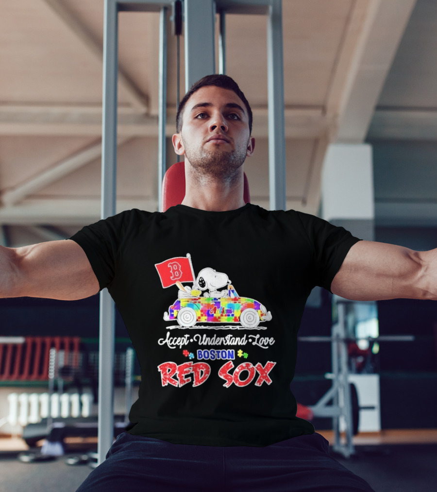 Snoopy Woodstock Boston Red Sox Driving Car Autism Awareness Accept Understand Love 2026 T-Shirt