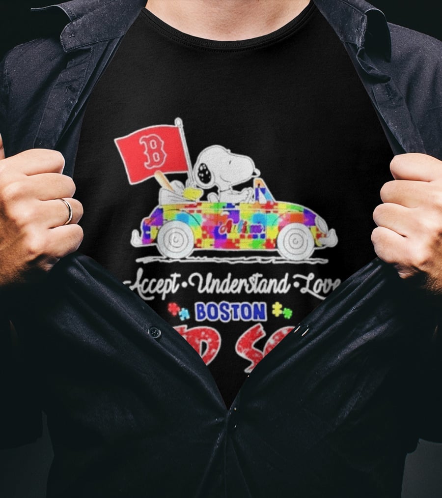 Snoopy Woodstock Boston Red Sox Driving Car Autism Awareness Accept Understand Love 2026 T-Shirt