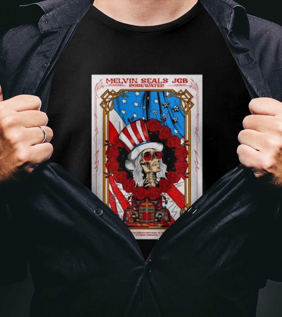 Melvin Seals JGB Rosewater July 4 2026 McDonald Theatre Eugene Oregon Patriotic Skull T-Shirt
