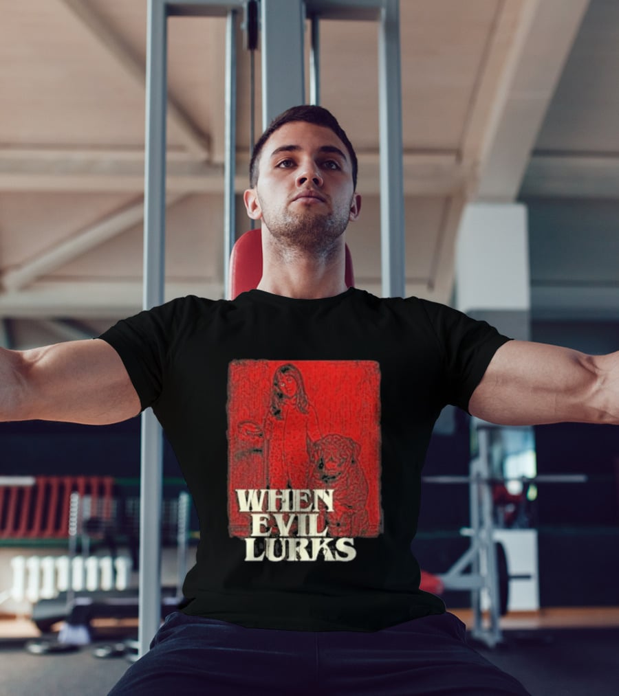 When Evil Lurks Red Background Girl With Bear T-Shirt