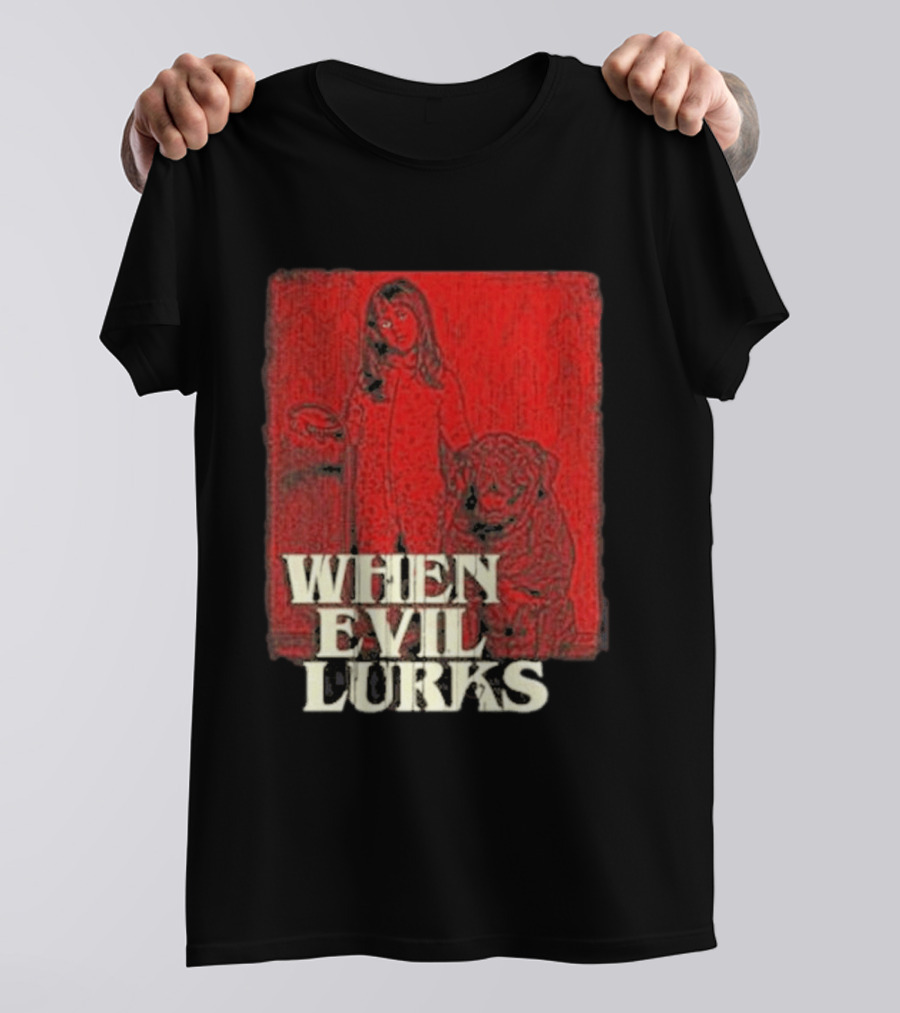 When Evil Lurks Red Background Girl With Bear T-Shirt