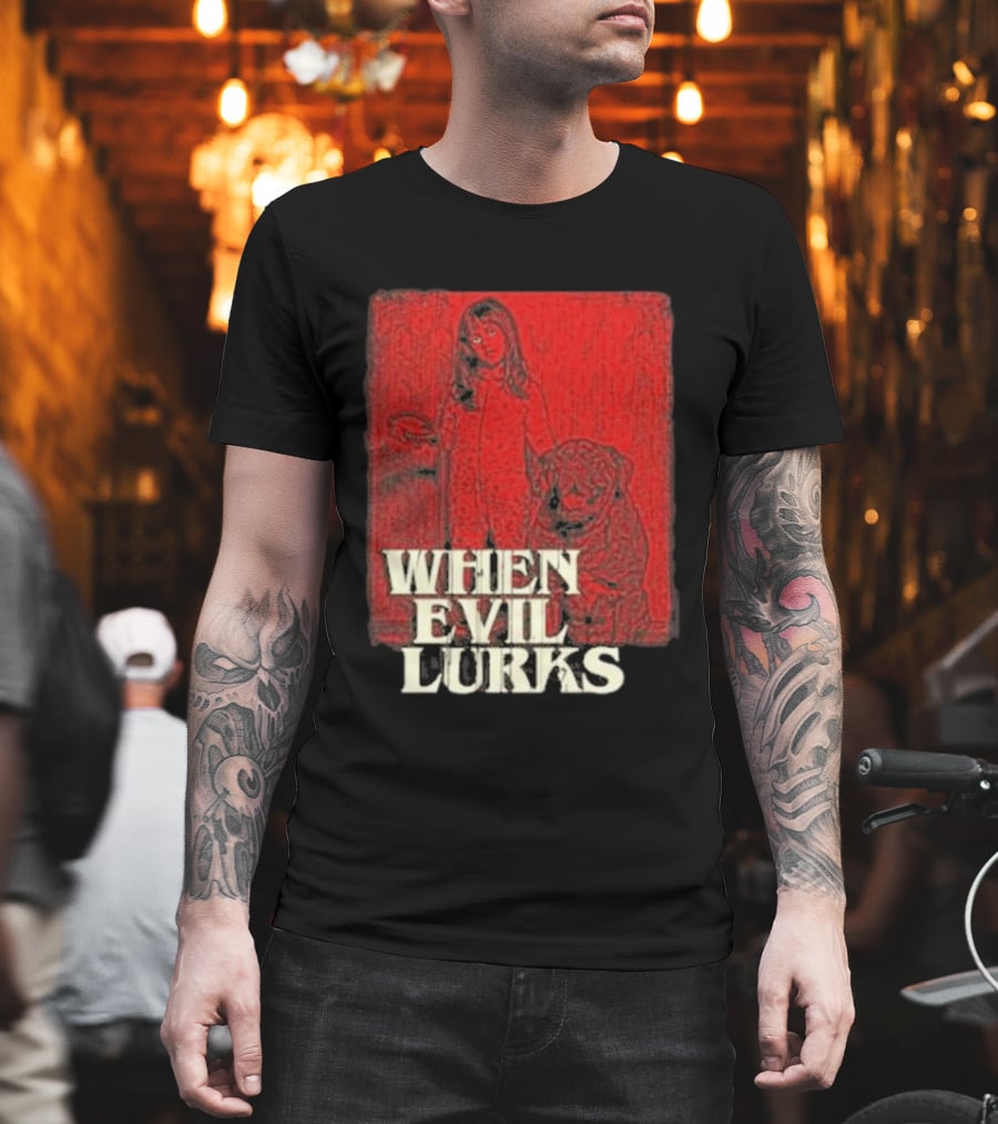 When Evil Lurks Red Background Girl With Bear T-Shirt