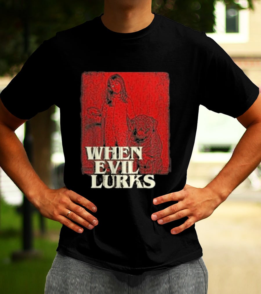 When Evil Lurks Red Background Girl With Bear T-Shirt