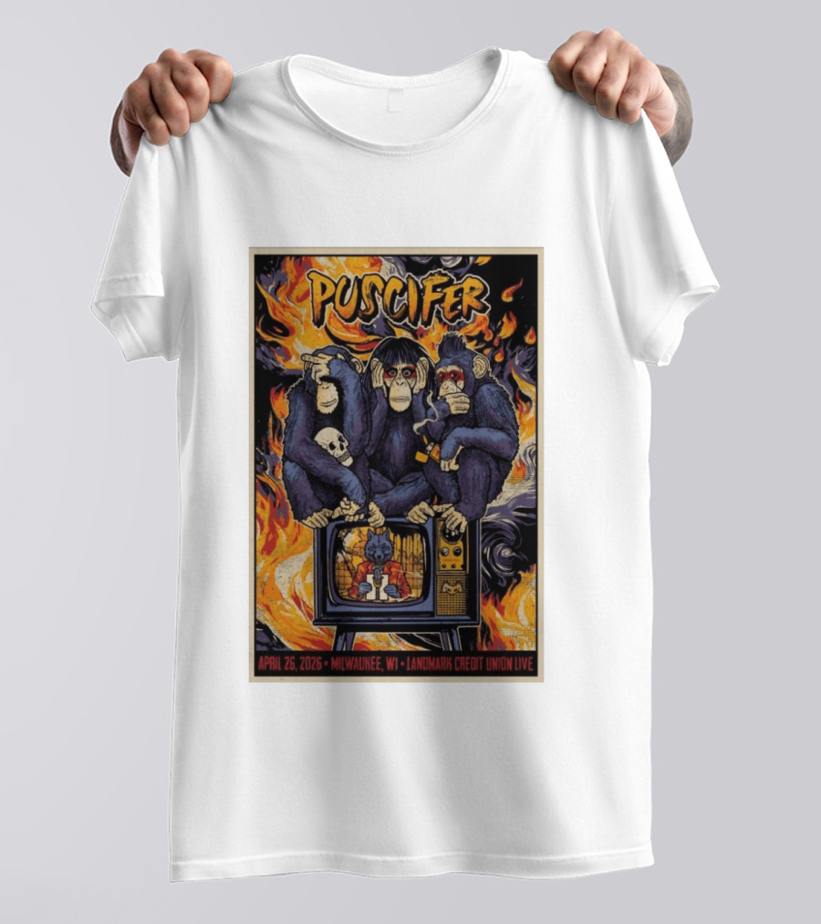Puscifer April 26 2026 Milwaukee WI Landmark Credit Union Live Monkeys TV Flames T-Shirt