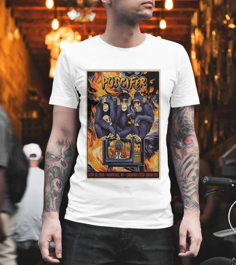 Puscifer April 26 2026 Milwaukee WI Landmark Credit Union Live Monkeys TV Flames T-Shirt