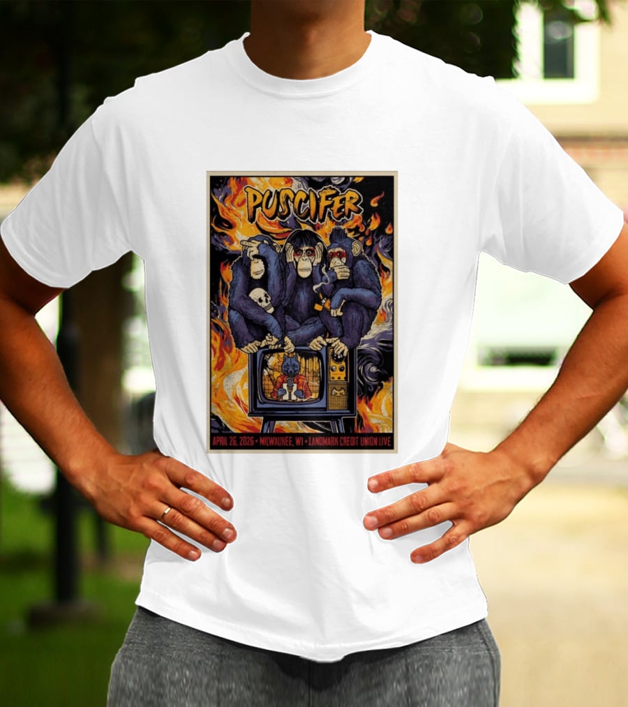 Puscifer April 26 2026 Milwaukee WI Landmark Credit Union Live Monkeys TV Flames T-Shirt