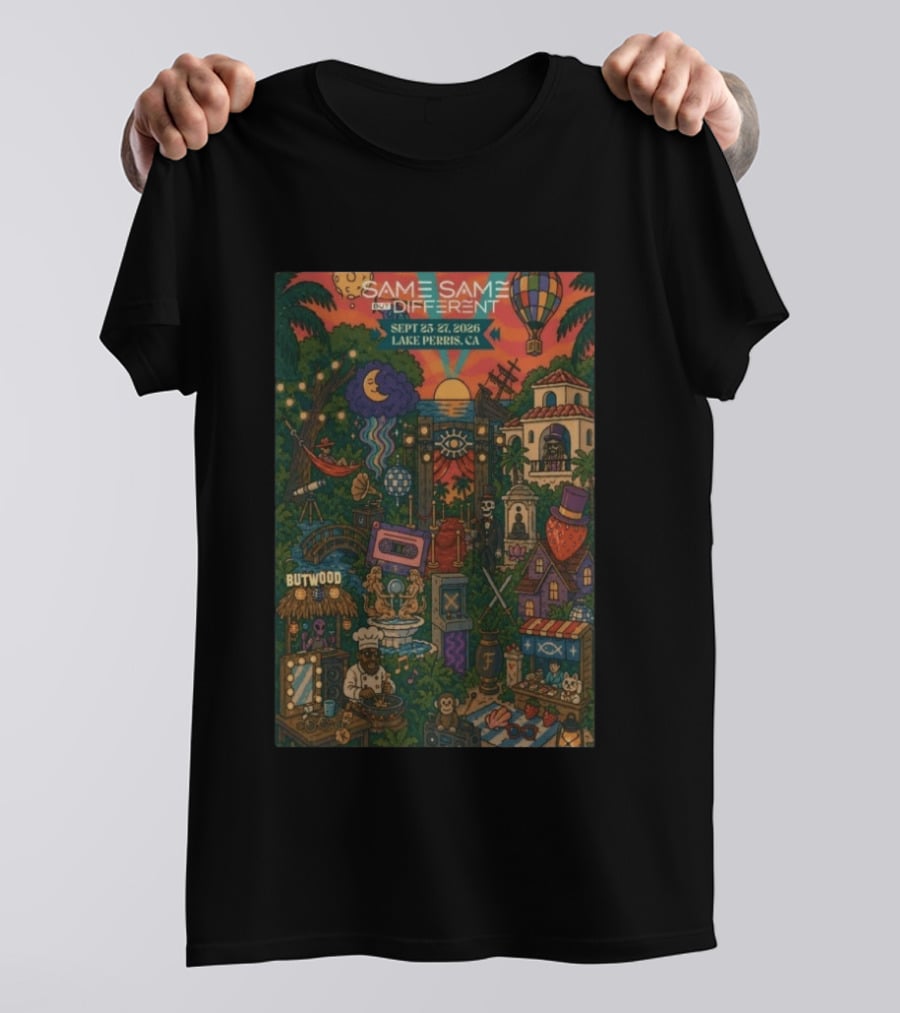 Same Same But Different Festival September 25 27 2026 Lake Perris CA Hot Air Balloon Tropical Landscape T-Shirt