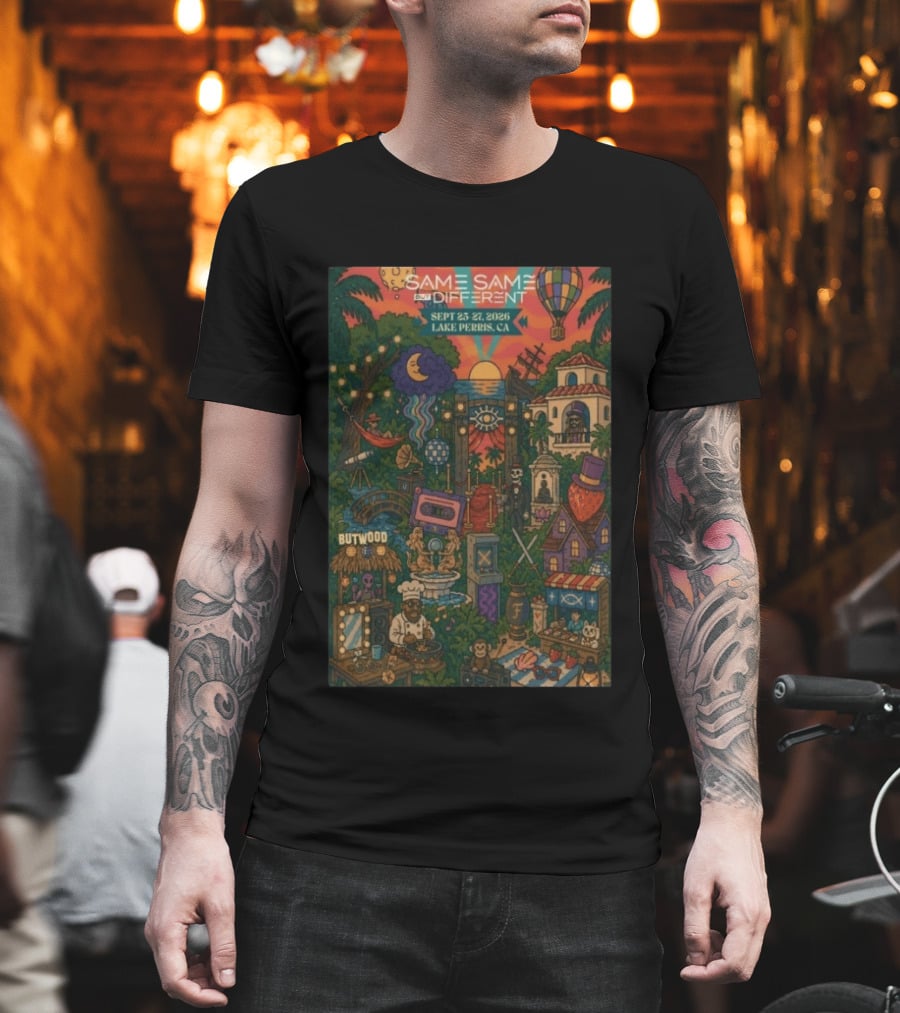 Same Same But Different Festival September 25 27 2026 Lake Perris CA Hot Air Balloon Tropical Landscape T-Shirt