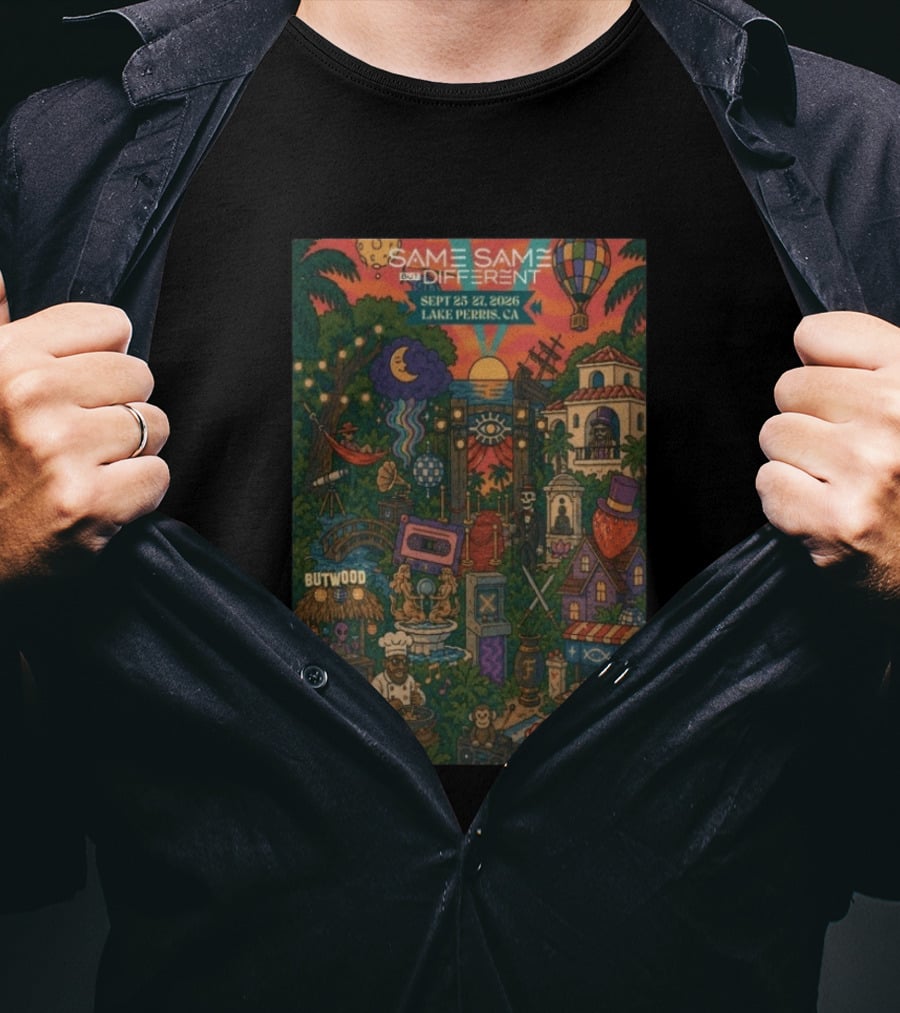Same Same But Different Festival September 25 27 2026 Lake Perris CA Hot Air Balloon Tropical Landscape T-Shirt