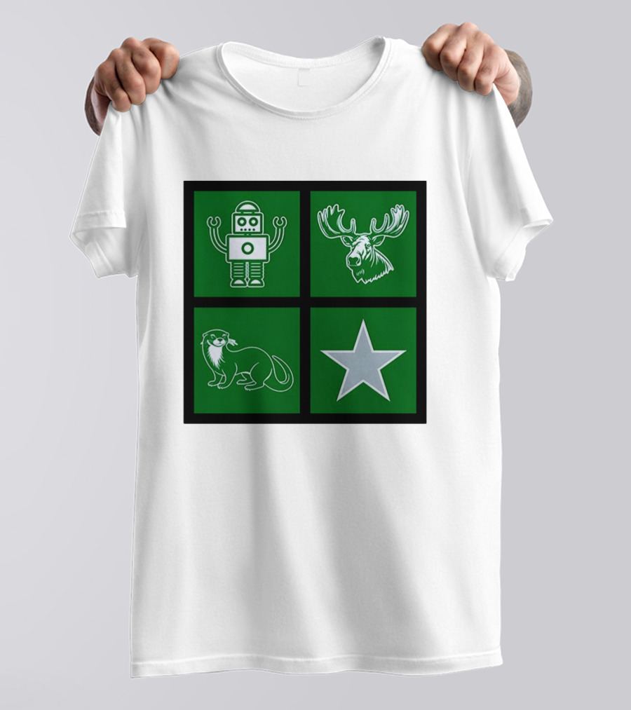 Robot Moose Otter Star Quadrant On Green T-Shirt