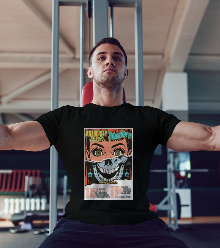 Authority Zero Belvedere Europe Tour 2026 Featuring Futuristic Comic Art Style With Date And Venue List T-Shirt