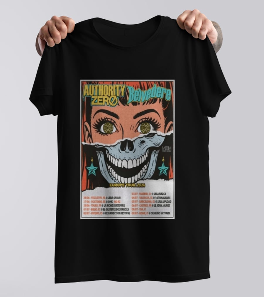 Authority Zero Belvedere Europe Tour 2026 Featuring Futuristic Comic Art Style With Date And Venue List T-Shirt