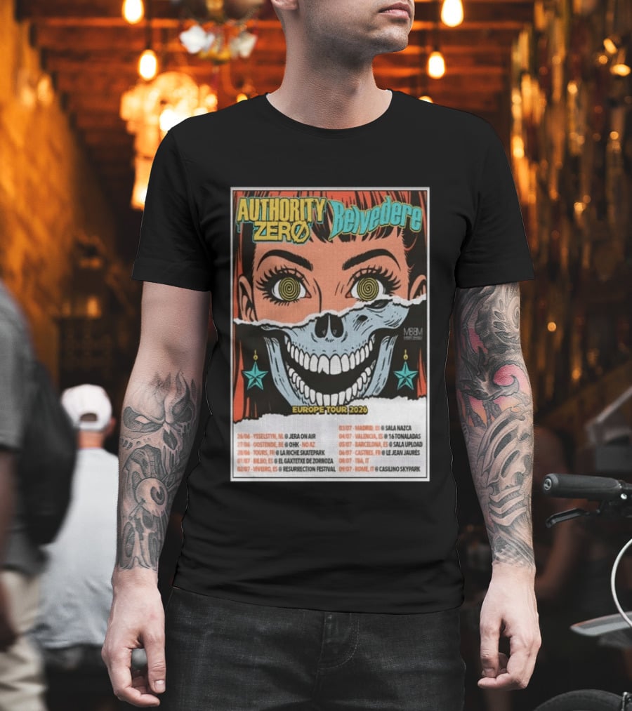 Authority Zero Belvedere Europe Tour 2026 Featuring Futuristic Comic Art Style With Date And Venue List T-Shirt