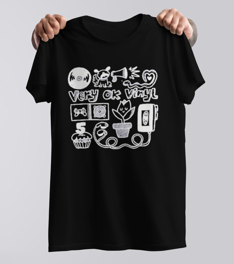 Very Ok Vinyl 5th Anniversary Cupcake Flower Megaphone Heart Cassette Doodle T-Shirt