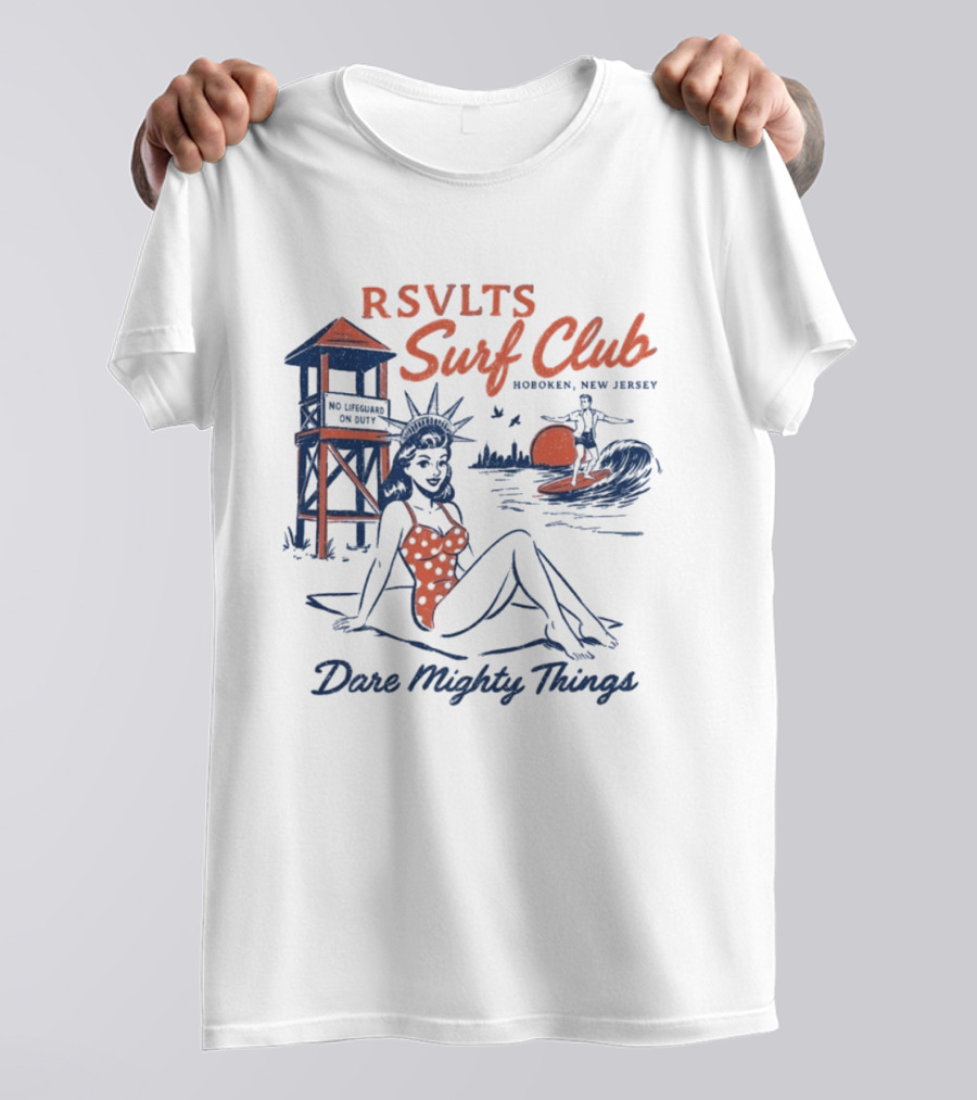 RSVLTS Surf Club Hoboken New Jersey Dare Mighty Things Statue Of Liberty Surfing Vintage Beach Scene T-Shirt