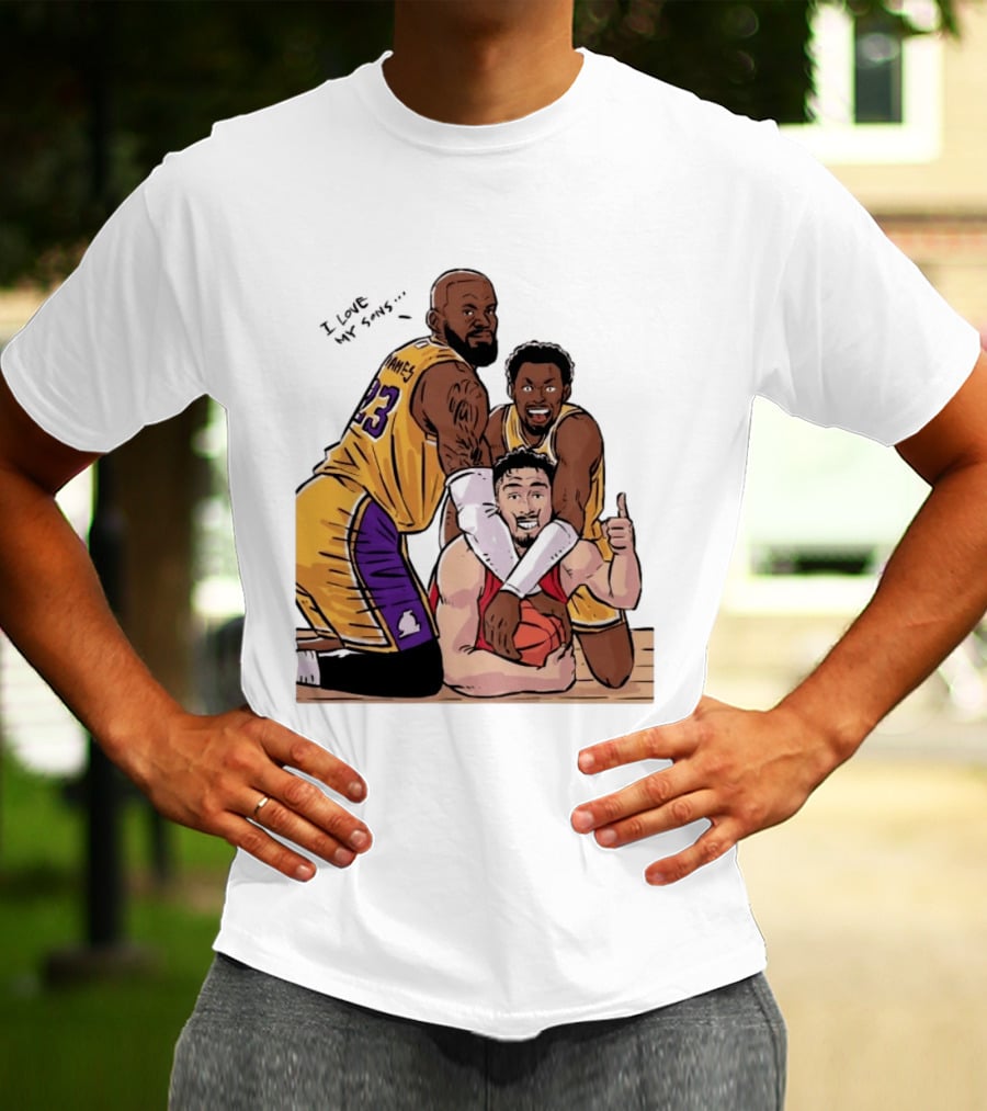 Lebron James Lakers Family Bronny Sengun Cartoon Basketball Scene T-Shirt