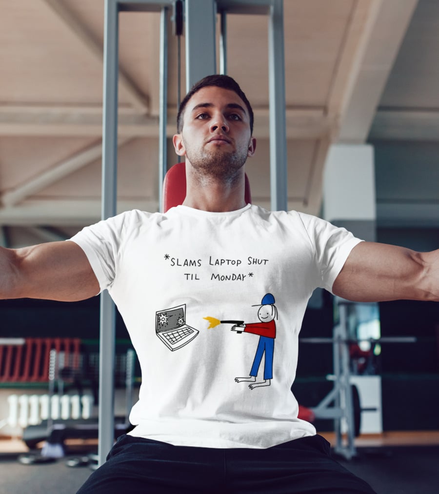 Slams Laptop Shut Til Monday Cartoon Figure Shooting Computer T-Shirt