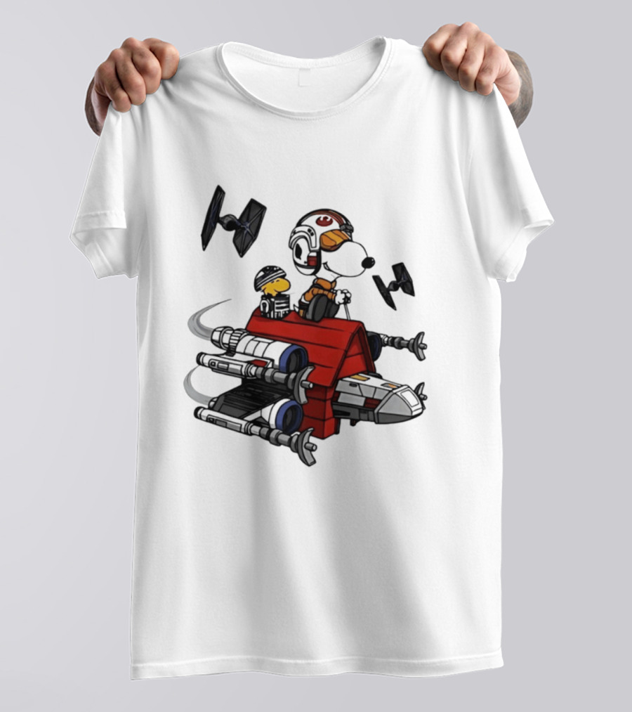 Space Beagle Snoopy Star Wars X Wing Doghouse Woodstock TIE Fighters T-Shirt