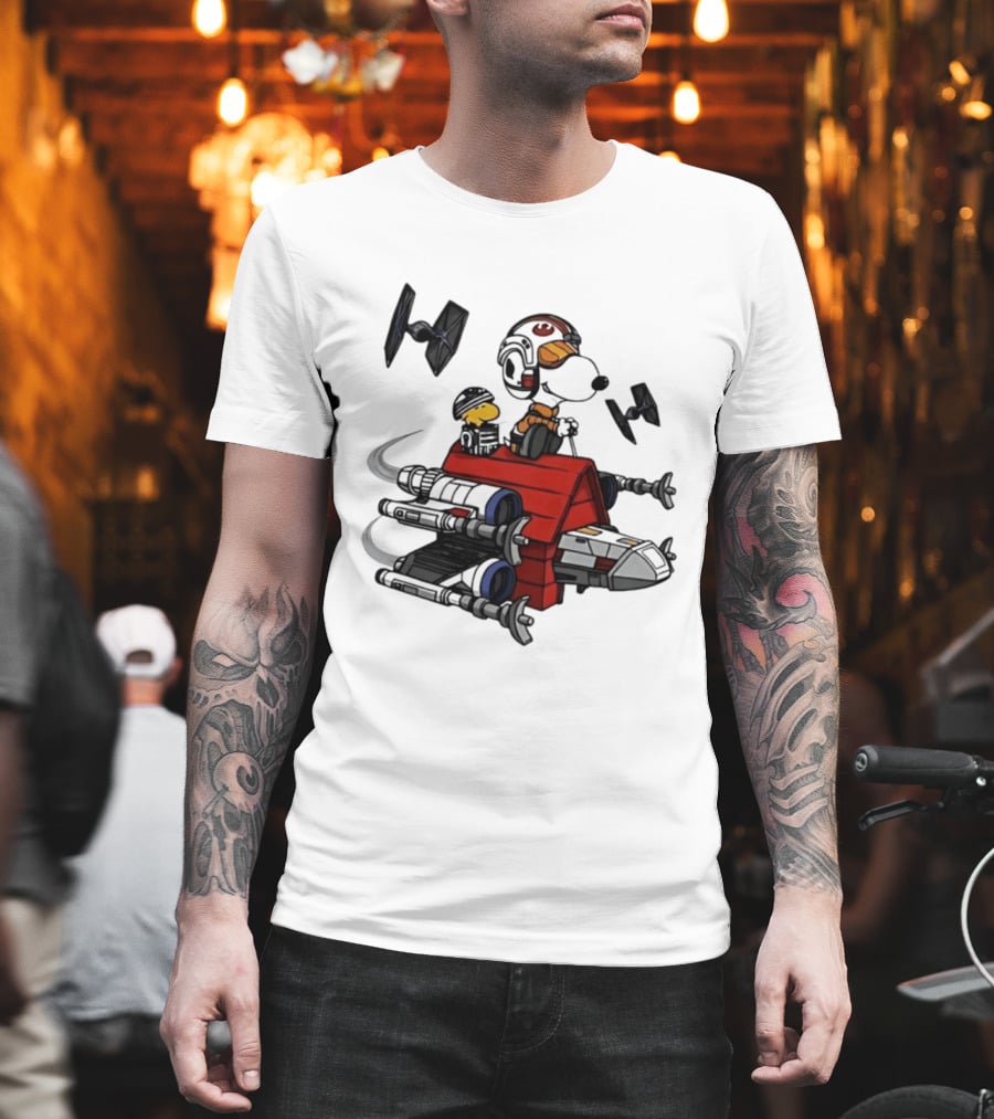 Space Beagle Snoopy Star Wars X Wing Doghouse Woodstock TIE Fighters T-Shirt