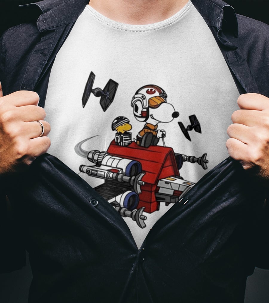 Space Beagle Snoopy Star Wars X Wing Doghouse Woodstock TIE Fighters T-Shirt