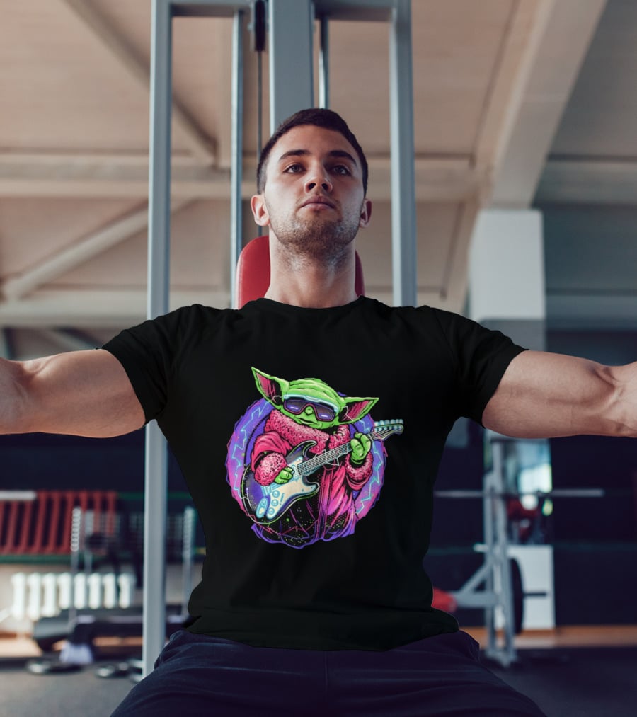 Grogu Electric Galaxy Guitar Blue Neon Lightning T-Shirt